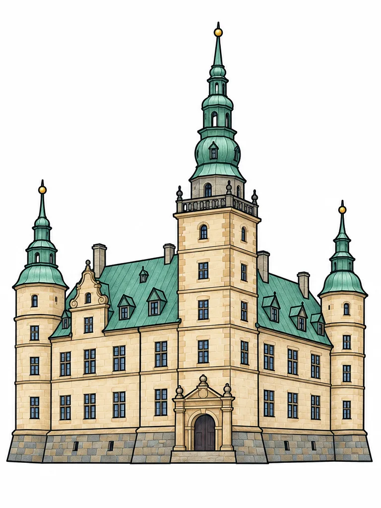 Color reference of Kronborg Castle, Denmark on a white background