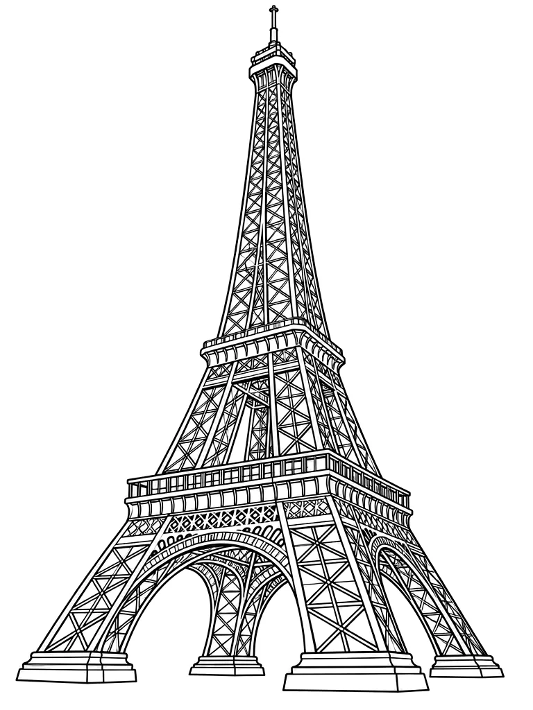 Black-and-white coloring line art of Eiffel Tower, France on a white background
