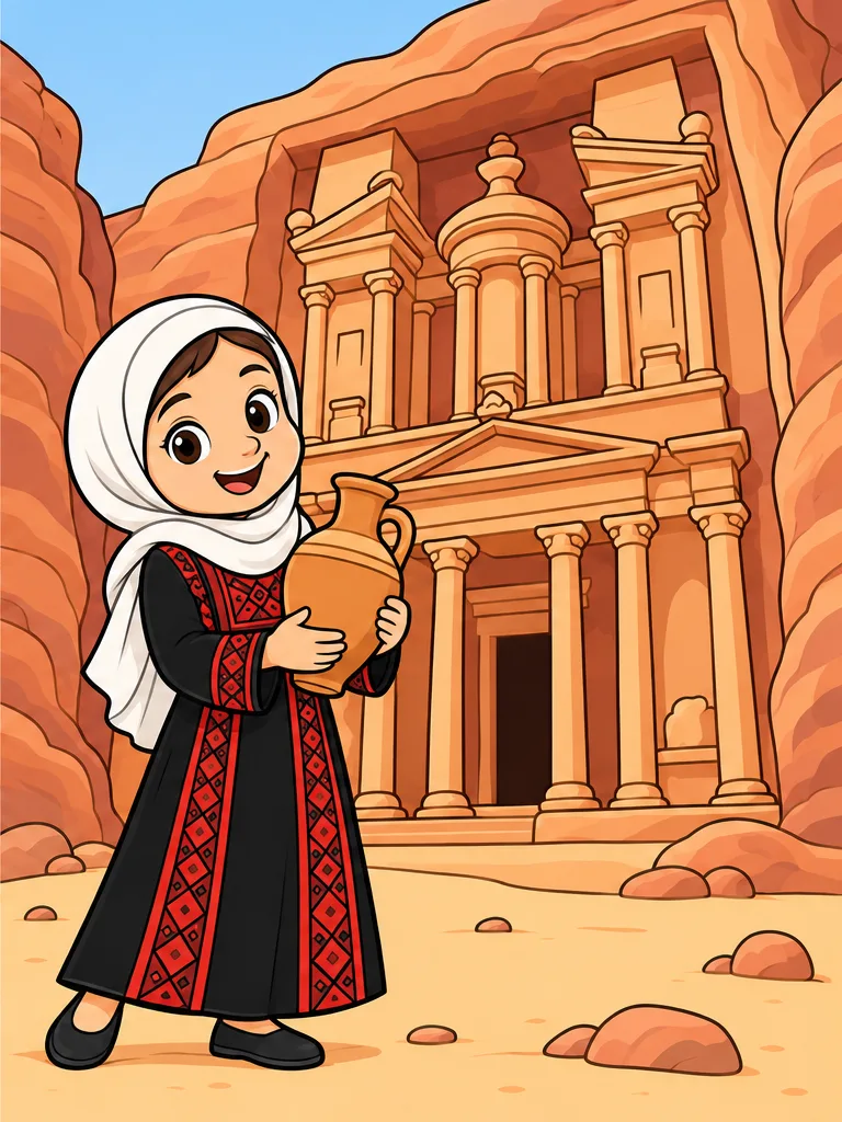 Easy Petra Treasury coloring page for kids age 7 with a Jordanian child in a respectful embroidered dress and white headscarf, a simple background, line art, and colored reference