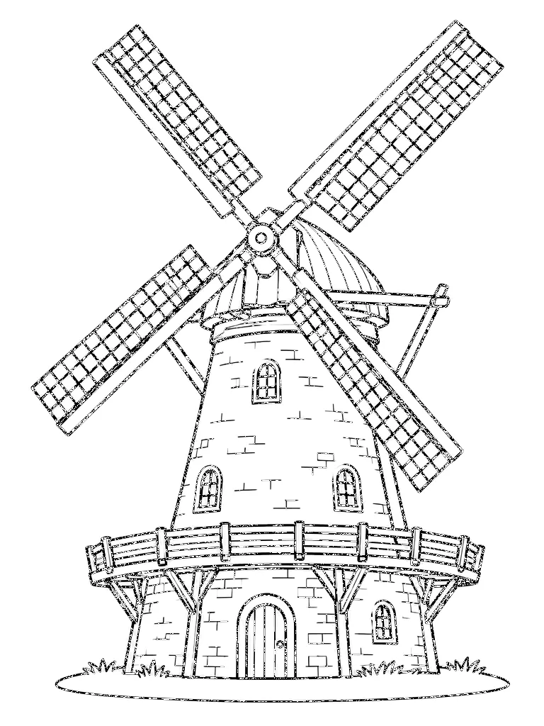 Black-and-white coloring line art of Kinderdijk Windmill, Netherlands on a white background