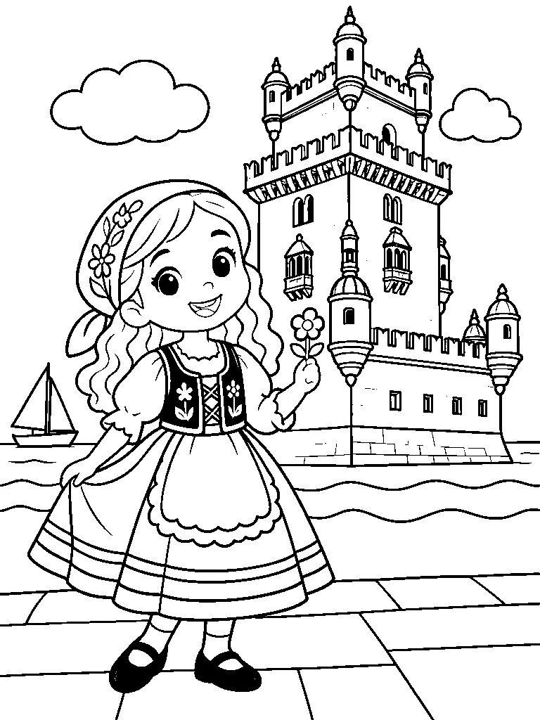 Easy Belém Tower coloring page for kids age 7 with a Portuguese child in a folk-inspired outfit holding a flower, a simple background, line art, and colored reference