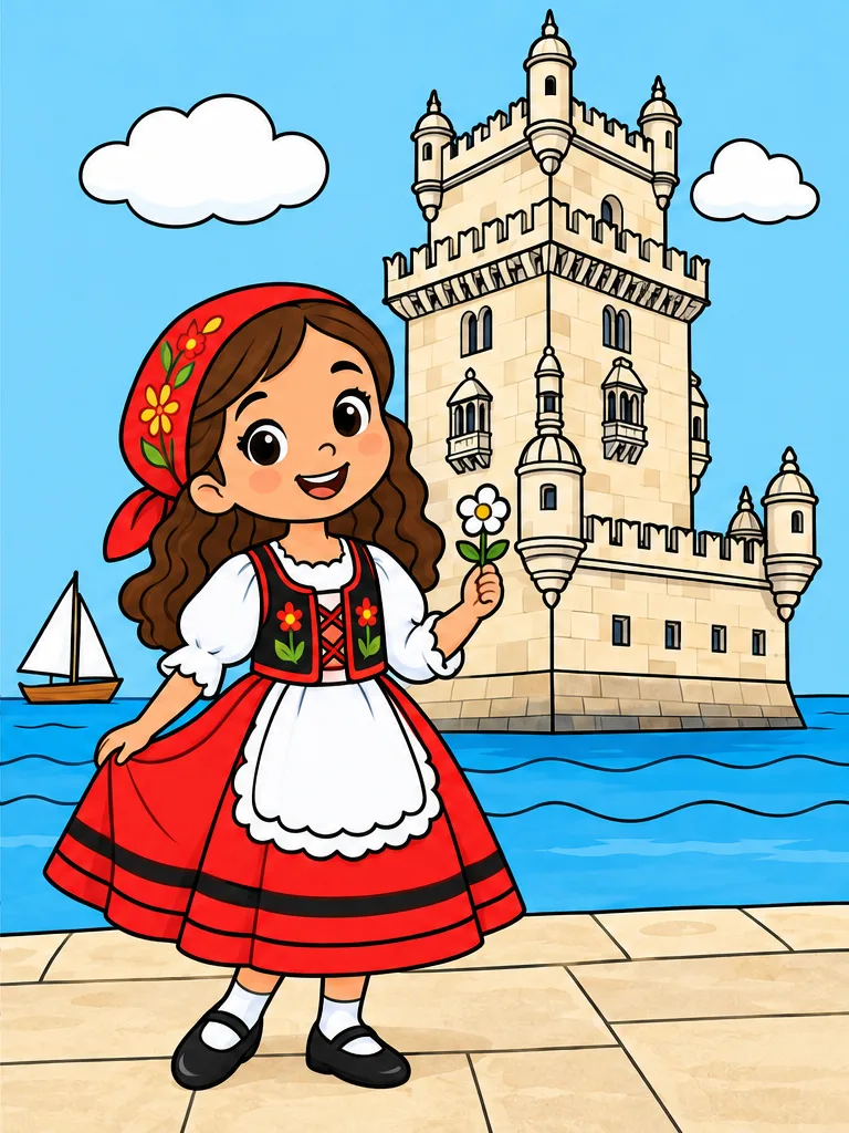 Easy Belém Tower coloring page for kids age 7 with a Portuguese child in a folk-inspired outfit holding a flower, a simple background, line art, and colored reference