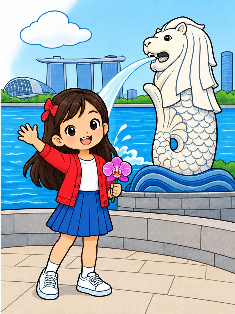 싱가포르 머라이언 공원와 난초를 든 싱가포르 어린이가 함께 등장하는 7세용 쉬운 세계 랜드마크 색칠공부 선화와 컬러 참고 이미지