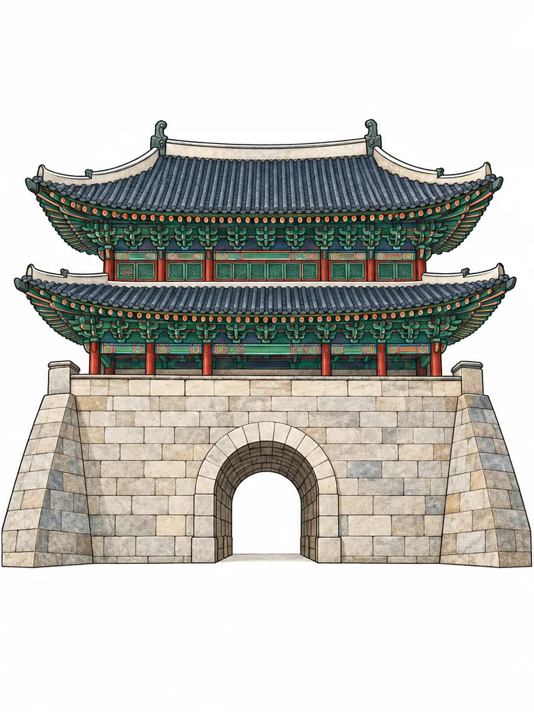 흰 배경에 그린 대한민국 숭례문 컬러 참고본