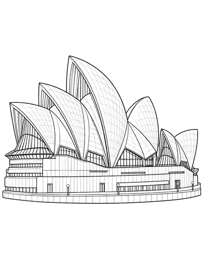 Black-and-white coloring line art of Sydney Opera House, Australia on a white background