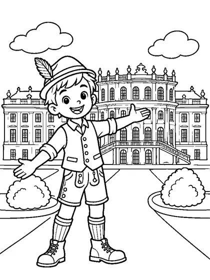 Easy Schönbrunn Palace coloring page for kids age 7 with an Austrian child in an Alpine folk-inspired outfit, a simple background, line art, and colored reference