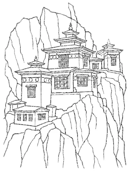 Black-and-white coloring line art of Tiger's Nest Monastery, Bhutan on a white background