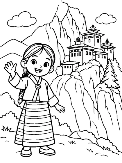 Easy Tiger's Nest Monastery coloring page for kids age 7 with a Bhutanese child in a simplified kira outfit, a simple background, line art, and colored reference