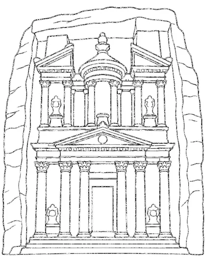Black-and-white coloring line art of Petra Treasury, Jordan on a white background