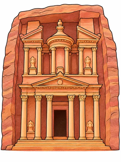 Color reference of Petra Treasury, Jordan on a white background