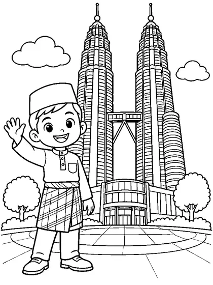 Easy Petronas Twin Towers coloring page for kids age 7 with a Malaysian child in green baju Melayu and a songkok, a simple background, line art, and colored reference
