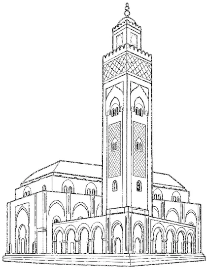 Black-and-white coloring line art of Hassan II Mosque, Morocco on a white background