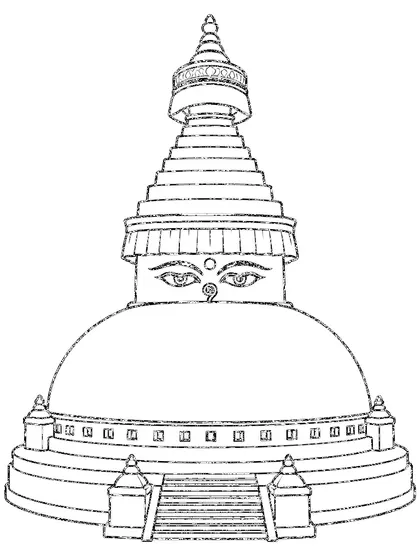 Black-and-white coloring line art of Boudhanath Stupa, Nepal on a white background