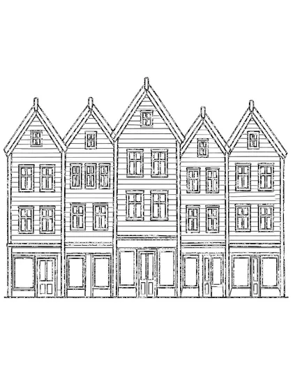 Black-and-white coloring line art of Bryggen Wharf, Norway on a white background