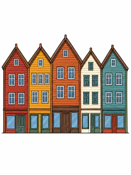 Color reference of Bryggen Wharf, Norway on a white background
