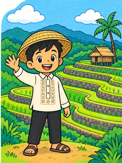 필리핀 바나우에 계단식 논와 바롱풍 셔츠와 밀짚모자를 착용한 필리핀 어린이가 함께 등장하는 7세용 쉬운 세계 랜드마크 색칠공부 선화와 컬러 참고 이미지