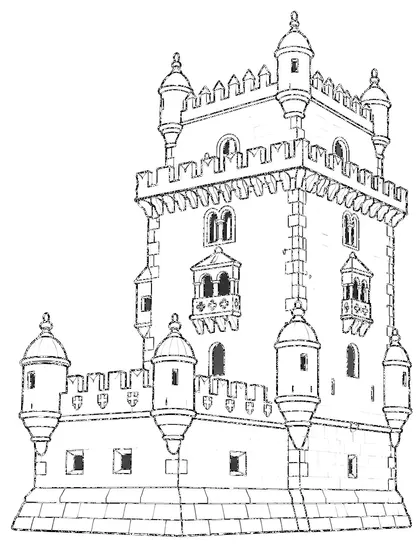 Black-and-white coloring line art of Belém Tower, Portugal on a white background