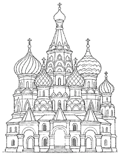 Black-and-white coloring line art of Saint Basil's Cathedral, Russia on a white background