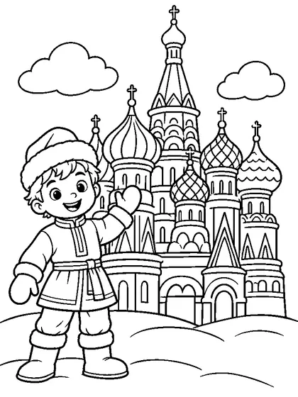 Easy Saint Basil's Cathedral coloring page for kids age 7 with a Russian child in a warm folk-inspired winter outfit, a simple background, line art, and colored reference