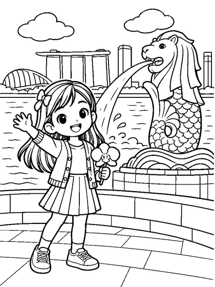 Easy Merlion Park coloring page for kids age 7 with a Singaporean child holding an orchid, a simple background, line art, and colored reference
