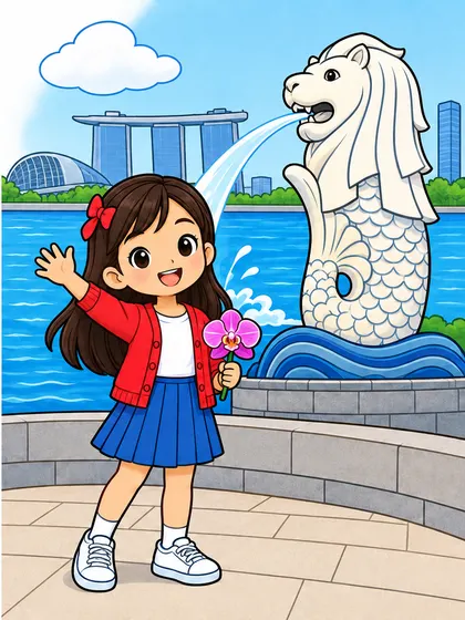 Easy Merlion Park coloring page for kids age 7 with a Singaporean child holding an orchid, a simple background, line art, and colored reference