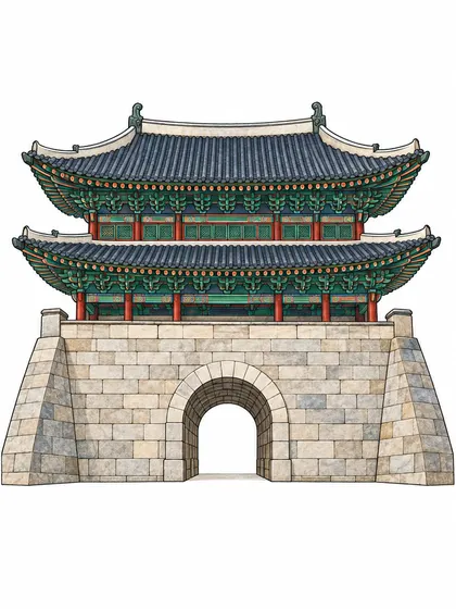 흰 배경에 그린 대한민국 숭례문 컬러 참고본