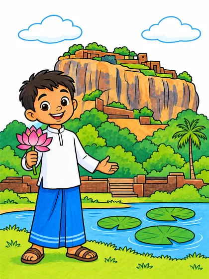 Easy Sigiriya Rock Fortress coloring page for kids age 7 with a Sri Lankan child in a white tunic and sarong holding a lotus, a simple background, line art, and colored reference