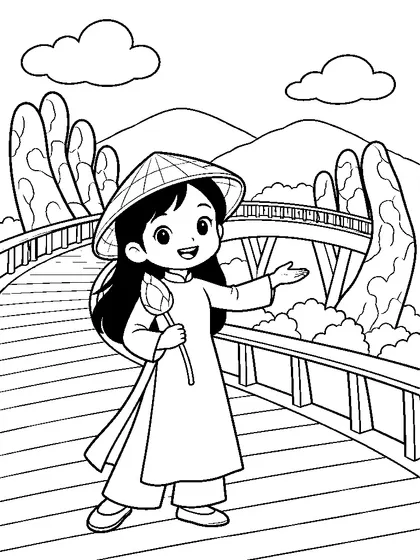 Easy Golden Bridge coloring page for kids age 7 with a Vietnamese child in áo dài and nón lá holding a lotus, a simple background, line art, and colored reference