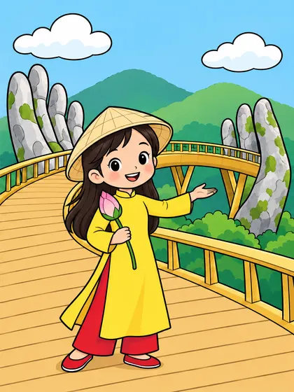 Easy Golden Bridge coloring page for kids age 7 with a Vietnamese child in áo dài and nón lá holding a lotus, a simple background, line art, and colored reference