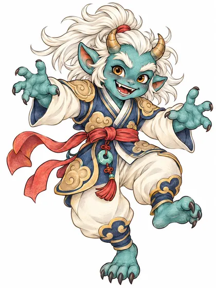 Color reference of Bulbi the Moonlit Dokkaebi in deep teal, indigo, cream, coral red, muted gold