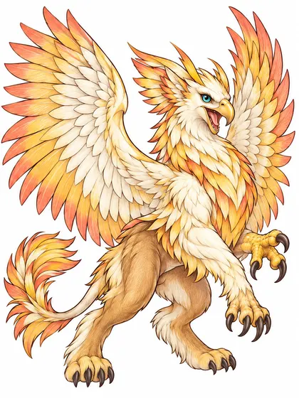 Color reference of Gryphara the Dawn Griffin in ivory, pale gold, amber, tawny brown, coral