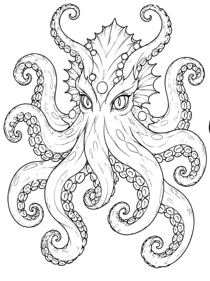 Black-and-white coloring line art of Krakalon the Abyss Kraken on a white background