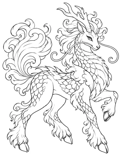 Black-and-white coloring line art of Lumirin the Celestial Qilin on a white background