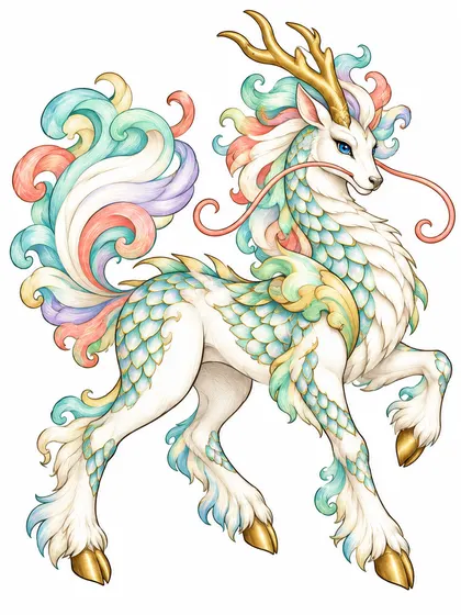 Color reference of Lumirin the Celestial Qilin in pearl white, jade, turquoise, pale gold, coral