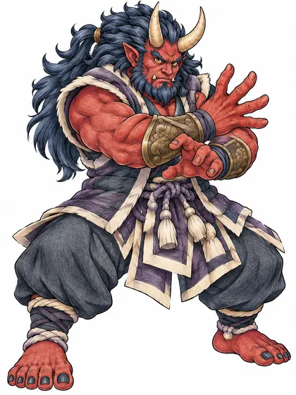 Color reference of Onikage the Mountain Oni in brick red, charcoal, deep violet, bronze, navy