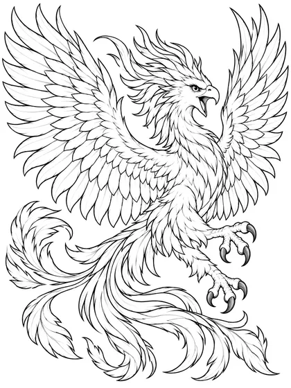 Black-and-white coloring line art of Pyraxis the Ember Phoenix on a white background