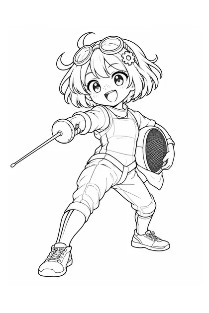 Black-and-white coloring line art of Nari performing sport fencing in France sportswear on a white background