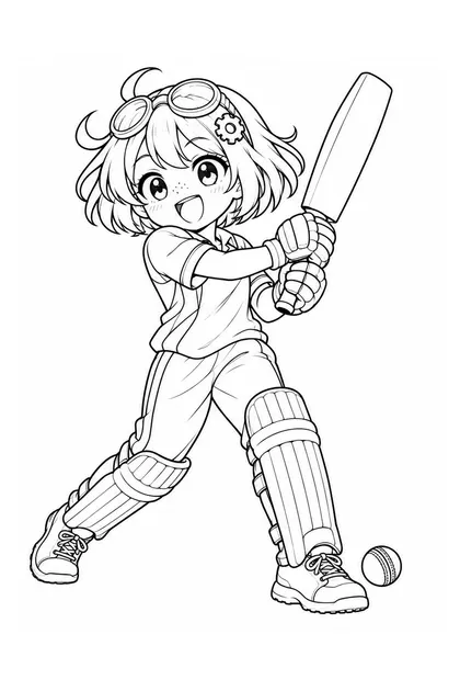 Black-and-white coloring line art of Nari performing cricket in India sportswear on a white background