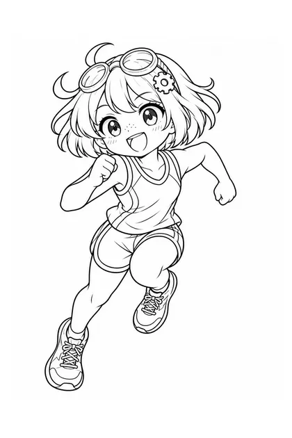 Black-and-white coloring line art of Nari performing sprinting in Jamaica sportswear on a white background