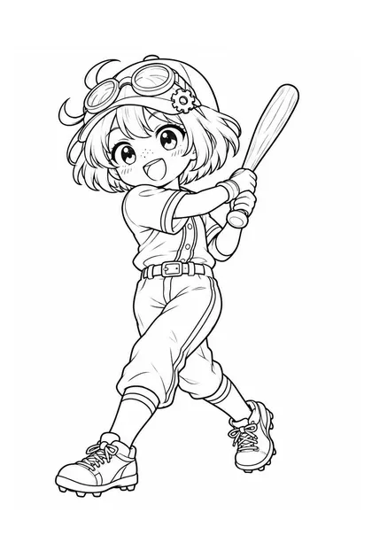 Black-and-white coloring line art of Nari performing baseball in Japan sportswear on a white background
