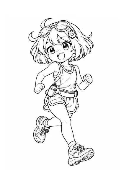 Black-and-white coloring line art of Nari performing marathon running in Kenya sportswear on a white background