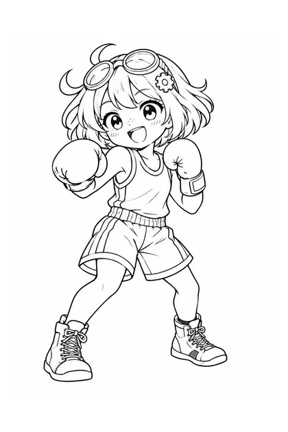 Black-and-white coloring line art of Nari performing boxing in Mexico sportswear on a white background