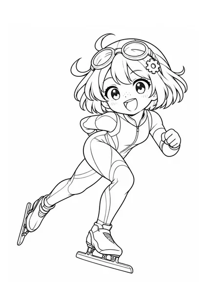 Black-and-white coloring line art of Nari performing speed skating in Netherlands sportswear on a white background