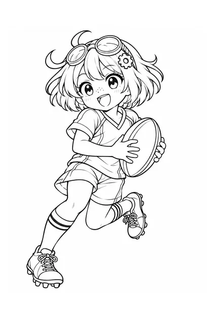 Black-and-white coloring line art of Nari performing rugby union in New Zealand sportswear on a white background
