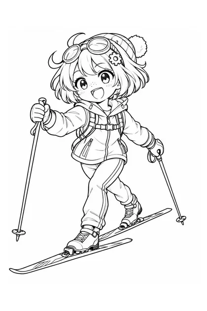 Black-and-white coloring line art of Nari performing cross-country skiing in Norway sportswear on a white background
