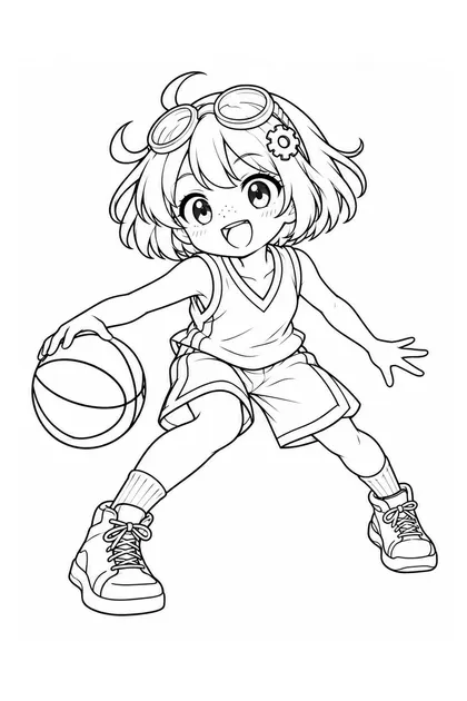 Black-and-white coloring line art of Nari performing basketball in Philippines sportswear on a white background