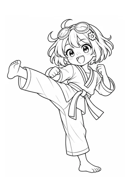 Black-and-white coloring line art of Nari performing taekwondo in South Korea sportswear on a white background