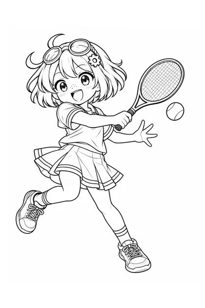 Black-and-white coloring line art of Nari performing tennis in United Kingdom sportswear on a white background
