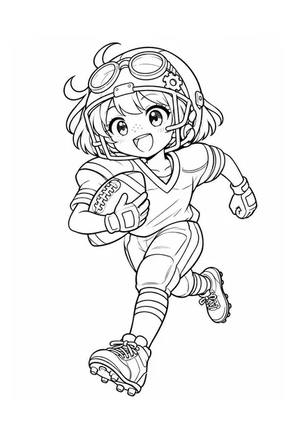 Black-and-white coloring line art of Nari performing american football in United States sportswear on a white background