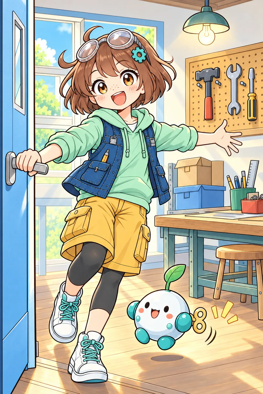 Finished full-color illustration of Nari and Toto in the first day at the invention club scene